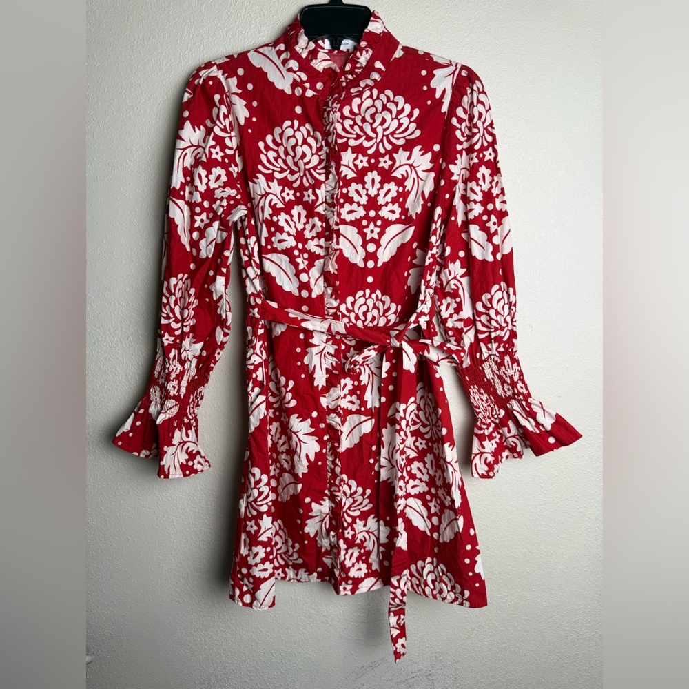 Shop the Mint Medium‎ Long Ruffle Sleeves Red Medallion Print Button Down Dress